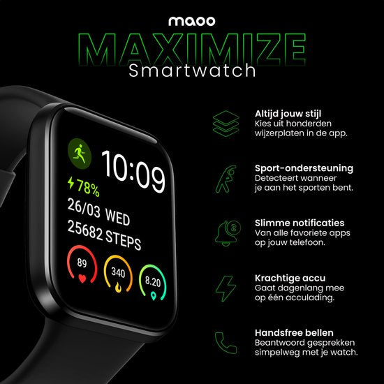 Maoo Maximize Smartwatch – Volledige Belfunctie, Hartslagmeter, Stappenteller, Multisport – Android & iOS – Zwart