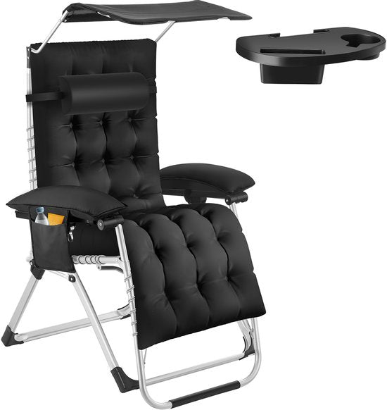 tectake® Opvouwbare Ligstoel Cloud met Zonnescherm - Tuinstoel met Tafeltje - Bekerhouder - Traploos Verstelbaar - Voor Balkon, Camping of Tuin - Relaxstoel met extra dik Kussen - Strandstoel - Ligbed - Div. kleuren - Zwart