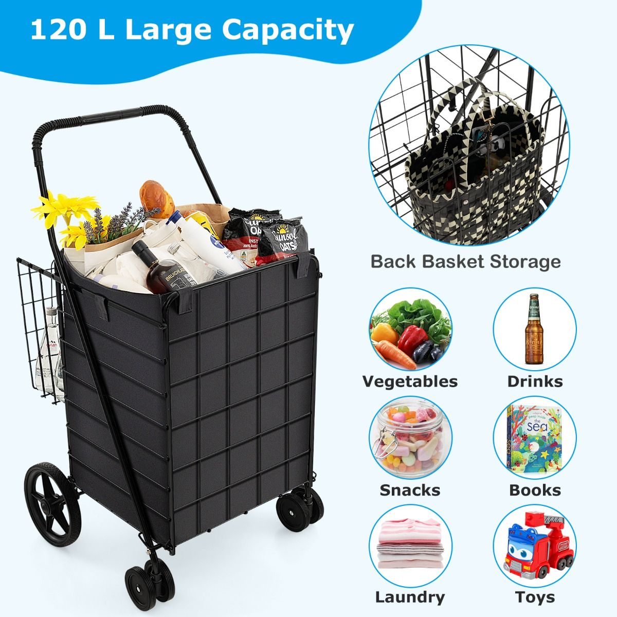 Coast Boodschappentrolley - Opvouwbaar - 120L - Max. 40 kg - Metaal - Zwart