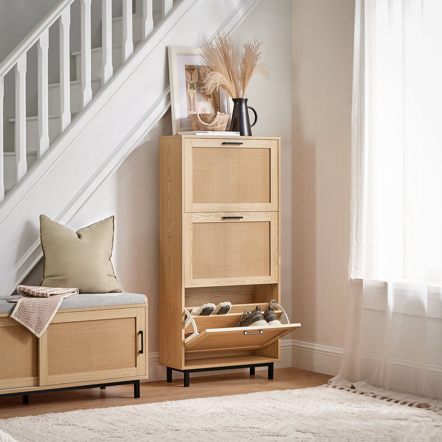 SoBuy schoenenkast met 3 kleppen - rotanlook – smal design – 60 x 24 x 127 cm – naturel