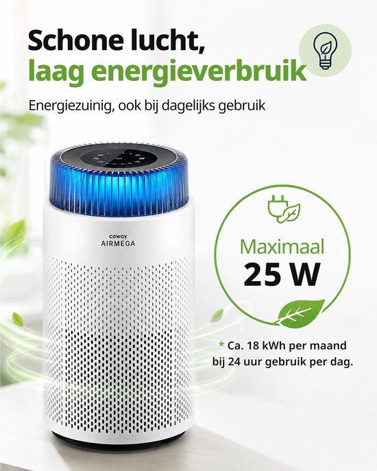 Coway Airmega 100 Luchtreiniger - Voor ruimtes tot 63m² - HEPA filter + koolstoffilter - 244 m³/u - Tegen stof, pollen en allergenen - Fluisterstil (20 dB) - ECARF gecertificeerd - Air Purifier -