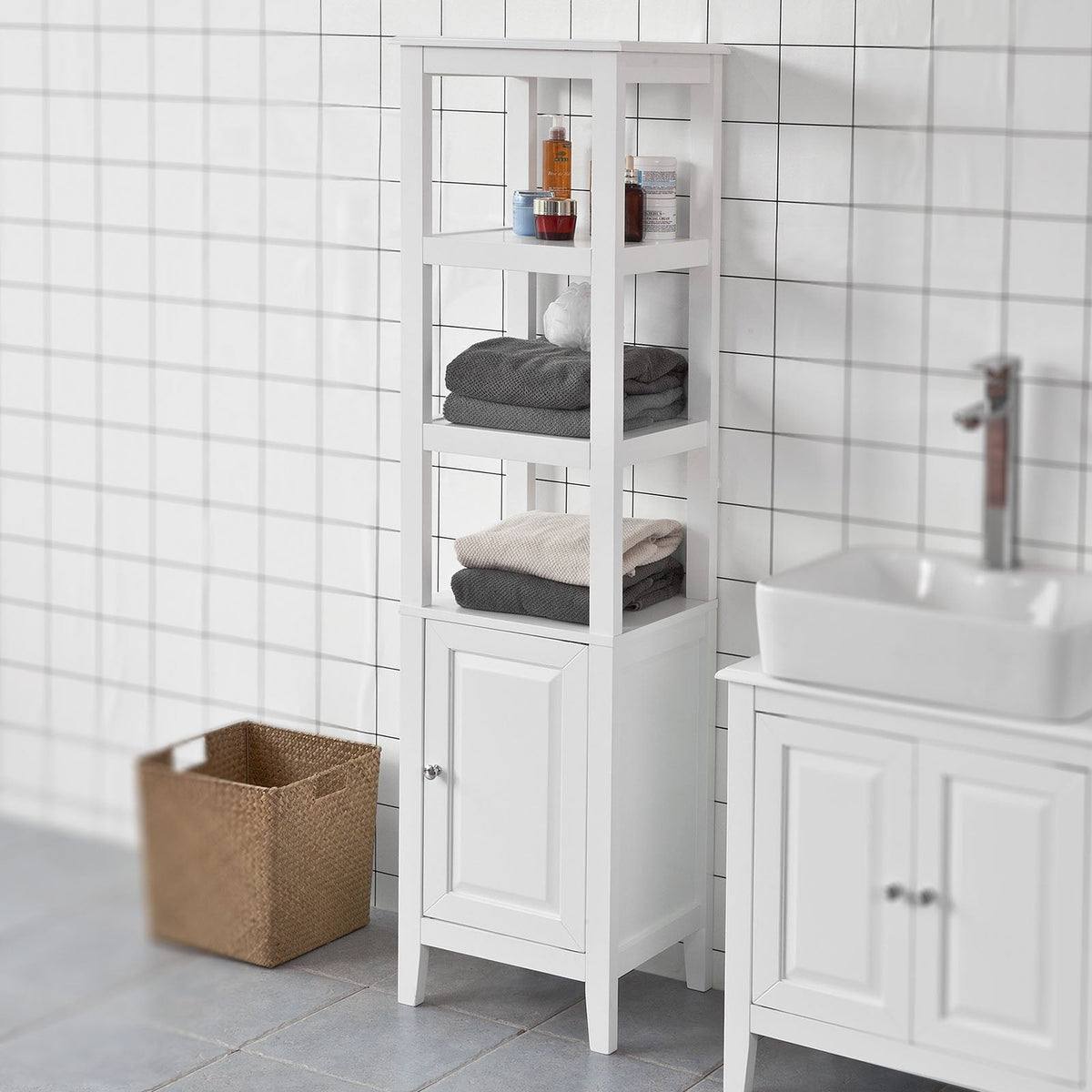 SoBuy Hoge Badkamerkast - 3 Vakken 1 Deur - Wit - 40x150x33 cm