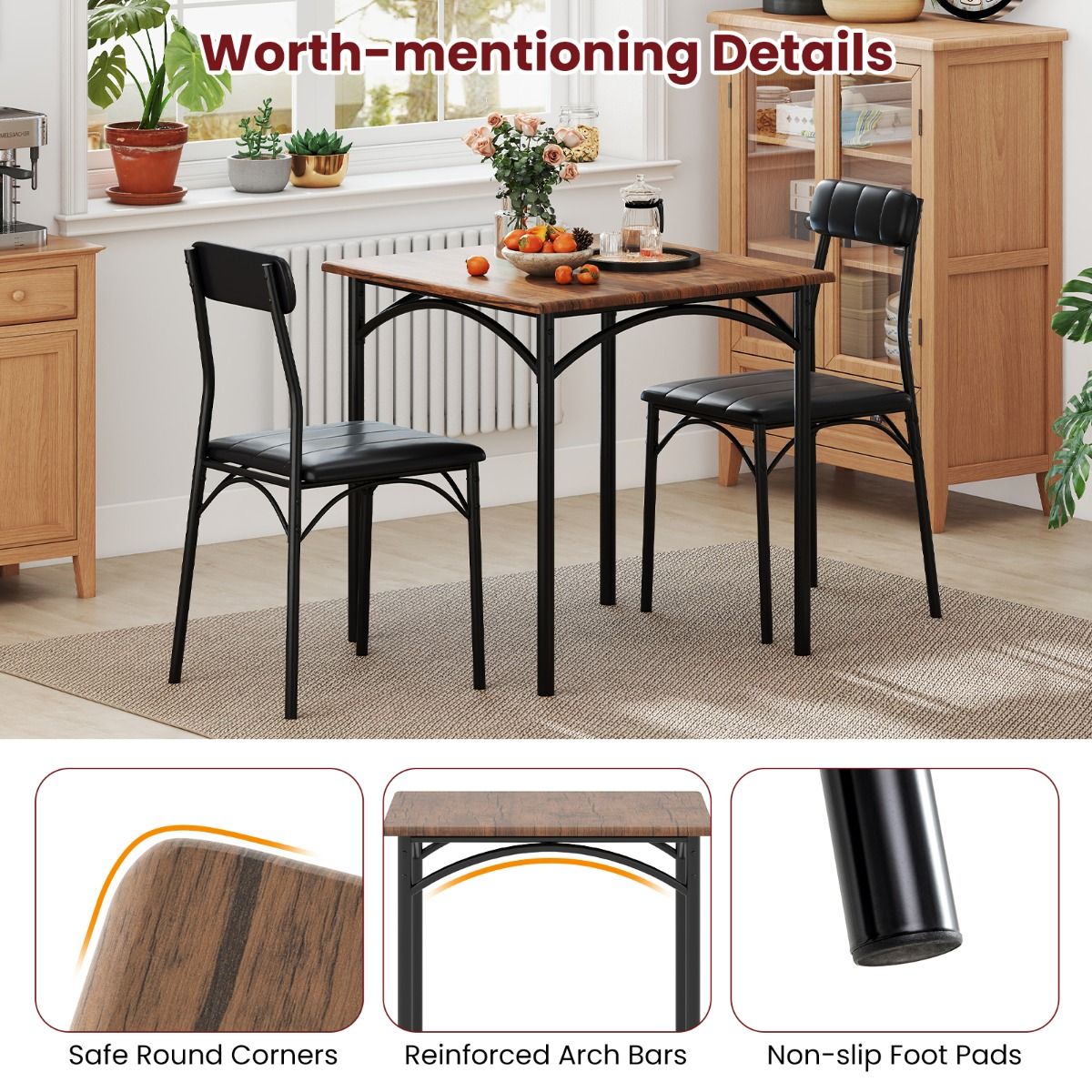 Coast Eethoekset - vierkante tafel met 2 stoelen - kunstleer bekleding - zwart en rustiek bruin