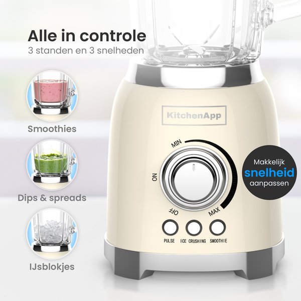 KitchenApp Retro Blender 1,5 Liter Glazen Kan - 800 W - Crushed Ice, Smoothie en Pulse - Traploos Regelbaar - Beige