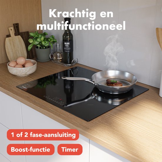 KitchenBrothers Inductiekookplaat – 4 Zones & Boostfunctie – 2400 W – 52 x 59 x 5,9 cm – Zwart