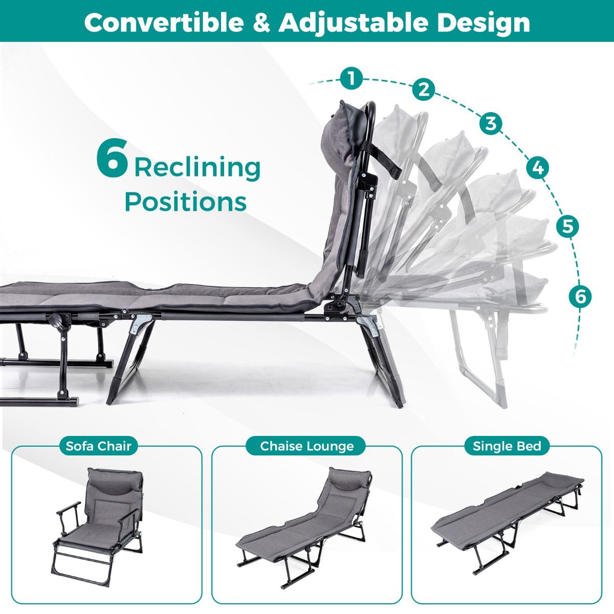 Coast Opvouwbaar Campingbed 3-in-1 - verstelbare rugleuning - hoofdsteun - grijs en zwart