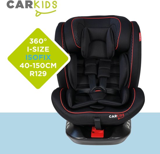 Carkids i-Size Autostoeltje Darcy - Voldoet aan I-Size R-129 Norm - 360° draaibaar - Voor kinderen van 40 tot 150 cm - Isofix & Top Tether aansluiting - Verstelbare hoofdsteun en rugleuning –Zwart/Rood