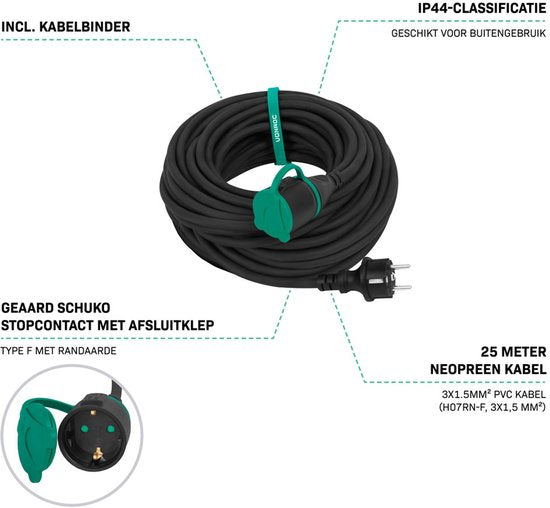 VONROC PRO Verlengsnoer 25m – IP44 – Neopreenkabel H07RN-F 3x1,5 mm² - Incl. Kabelbinder (verlengkabel)