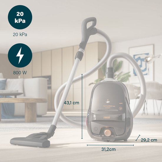 Airmotion Pro Stofzuiger - 336090 - Met zak - Volume: 4L - 800W - Bereik van 12m - HEPA-filtersysteem - Snelheidsregeling & uniek geurfilter