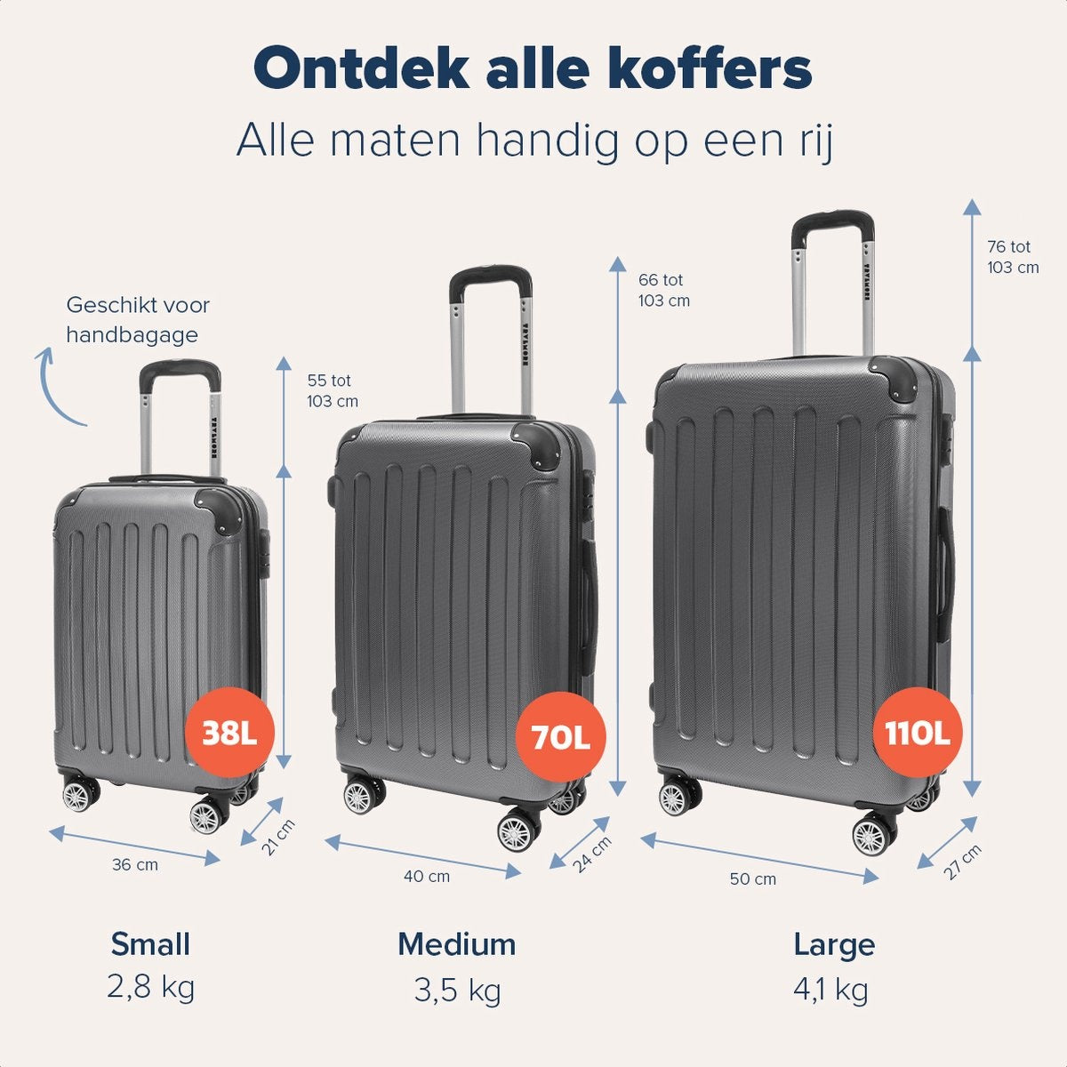 TRVLMORE 2 Delige Kofferset - 38L Handbagage + 110L Ruimbagage - Donkergrijs