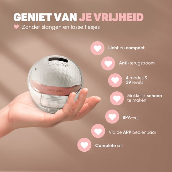 Vulpes Goods® BabyCare - Dubbele Elektrische Draadloze Borstkolf - Handsfree & Draagbaar - met APP bediening - BPA-Vrij - Incl. Borstschildverkleiners, 60 Moedermelk Bewaarzakjes, Reistas & Kolfdagboek - PRO V2