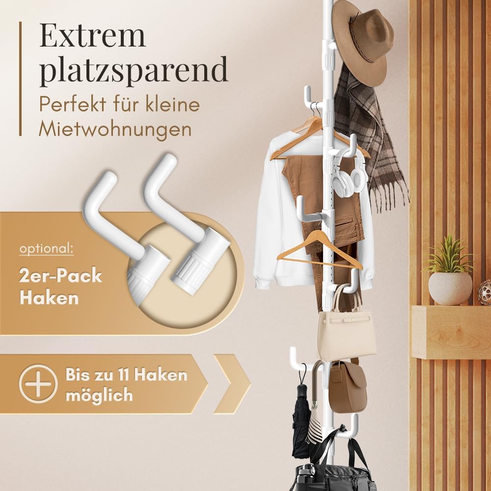 LOBUX® - Kapstok uitschuifbaar, 5 haken [wit, 110-310cm] - telescopische kapstok stabiel - ruimtebesparende metalen kapstok - valetstandaard slaapkamer - gangkapstok - kledingrek balkon