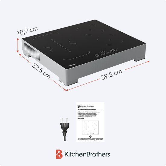 KitchenBrothers Inductie Kookplaat - Vrijstaande Inductieplaat - 60 cm - 4 Zones - 1x Flexzone - 1 Fase - Tot 3500W - Zilver/RVS