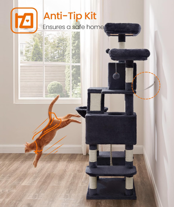 Songmics Krabpaal 168 cm - Kattentoren met 13 Krabpalen - Rookgrijs