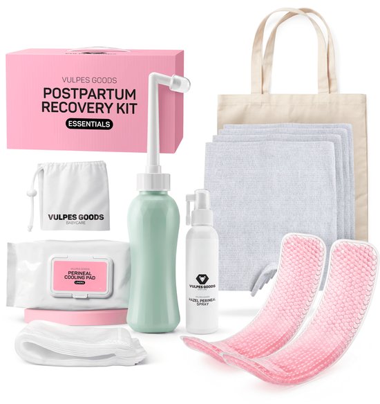 Vulpes Goods®BabyCare - Kraampakket voor Herstel na Bevalling - Peri-fles, Witch Hazel Spray, Hazel Liners, Kraam Ondergoed & Cooling Pads - Kraamcadeau voor Mama - Kraam Kit - Postpartum Box - Vaginale Douche - Incl. Schoudertas