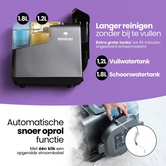 Hendriqs® 4-1 Tapijtreiniger - 105 °C Stoomreiniger met Anti-Verstopping Functie & Wieltjes en Automatisch Snoeroprolsysteem - Zetelreiniger - Draagbare Vlekkenreiniger - Bank Reiniger - Meubelreiniger - Bankreiniger - Reinigingsmachine