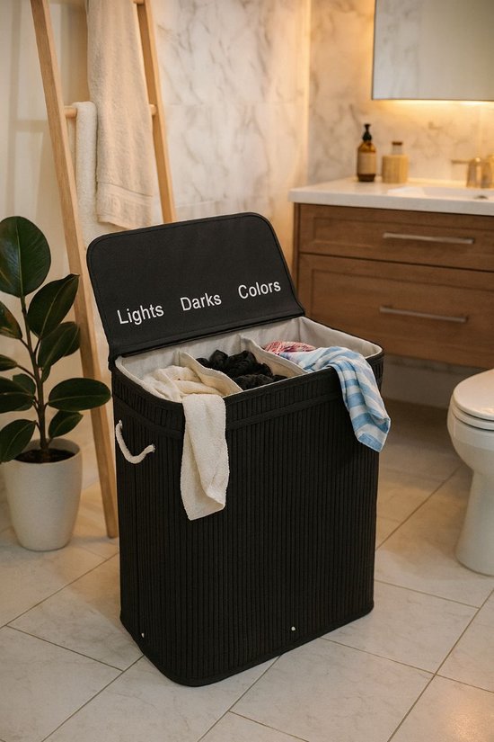 Ceruzo Wasmand 3 Vakken – Bamboe Wassorteerder 100L – Uitneembare Binnenzak – Zwart