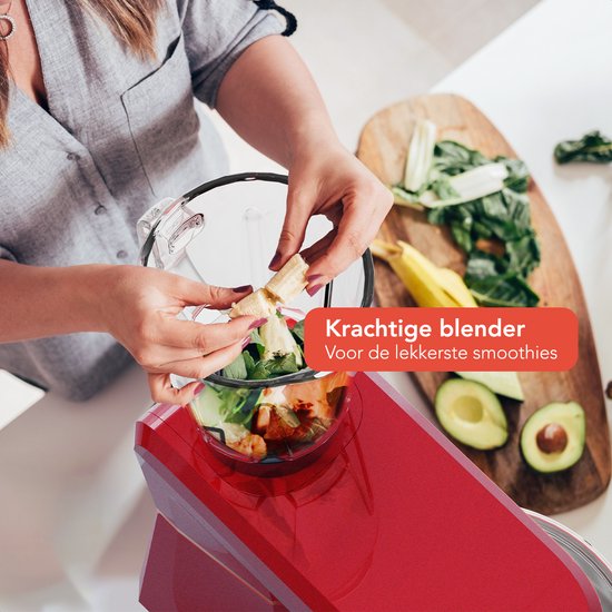 KitchenBrothers Keukenmachine - 6-in-1 Keukenrobot - 1500W - Met Gehaktmolen, Blender en 15 Accessoires - 6,2L RVS Kom - Rood