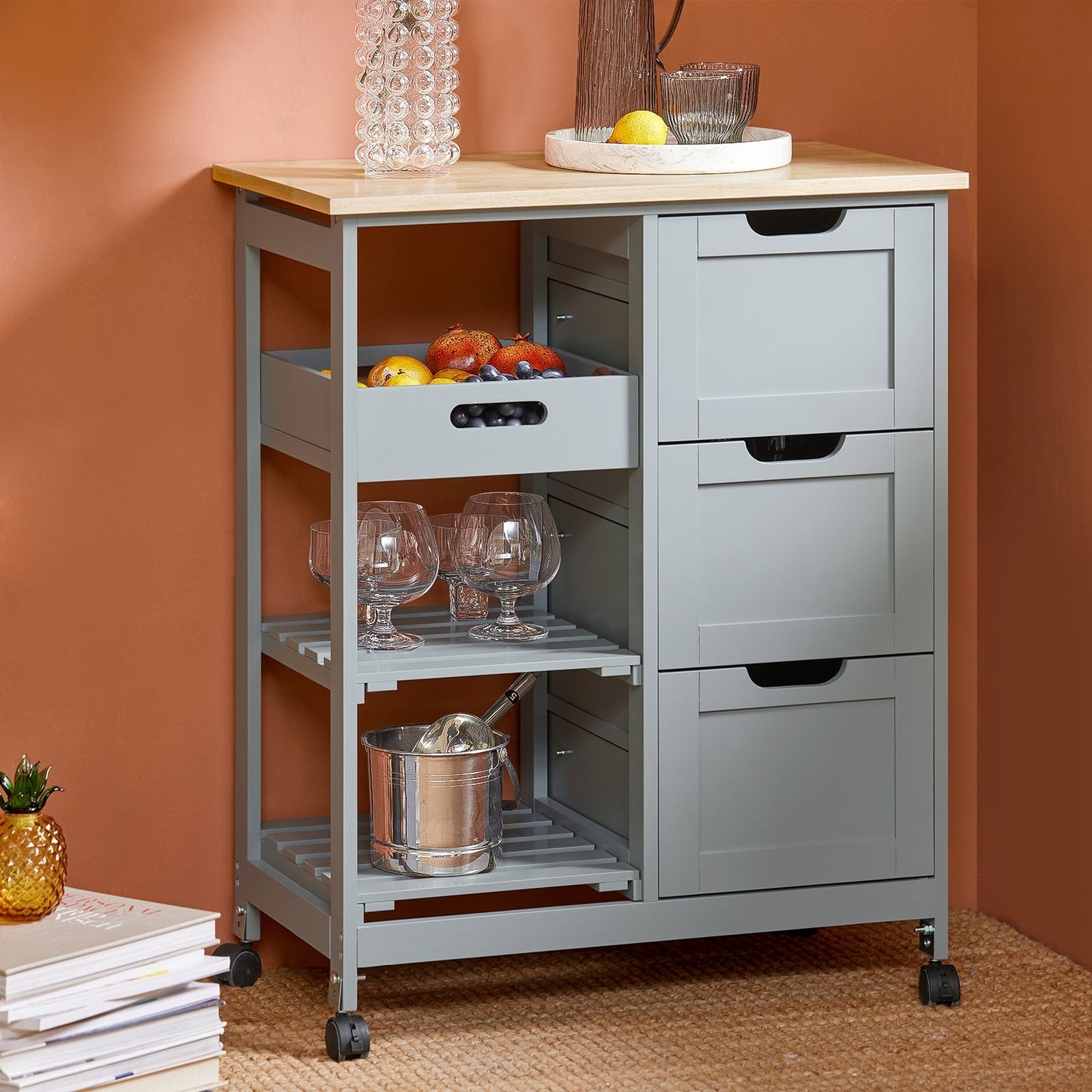 SoBuy - Keukentrolley met 3 Grote Laden - 68x85x38 cm - Grijs