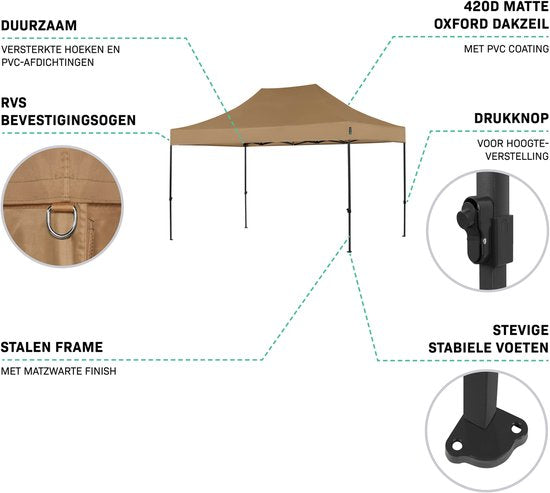 VONROC Partytent - 3x4.5 m – Premium easy-up Partytent – Modulair ontwerp - Opvouwbaar – Waterdicht – Stalen Frame - 50+ UV Bescherming - Incl. Opbergtas - Beige