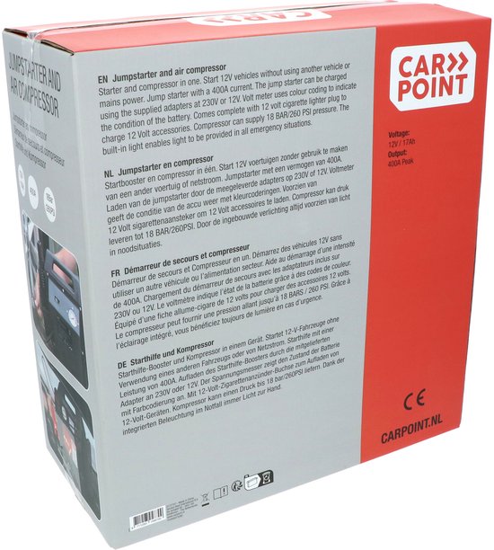 Carpoint Jumpstarter – 12 Volt – Met luchtcompressor - Piekvermogen 400A – Opladen met 230 Volt of 12 Volt adapter – Maximale druk compressor 18 BAR/260 PSI – Ingebouwde LED verlichting – Afmeting 365x345x175mm