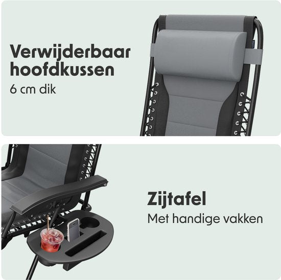 LifeGoods Ligstoel Comfort - Opvouwbaar - 30°-90° Verstelbaar - Beker en Telefoonhouder - Tuinstoel - Zwart/Grijs