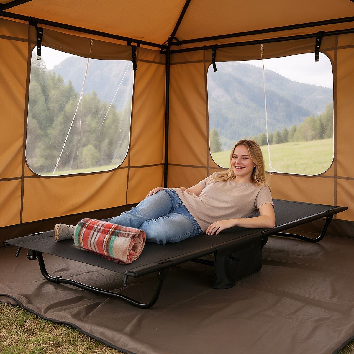 Coast Campingbed - ultralicht veldbed - opvouwbaar met zijvak - zwart