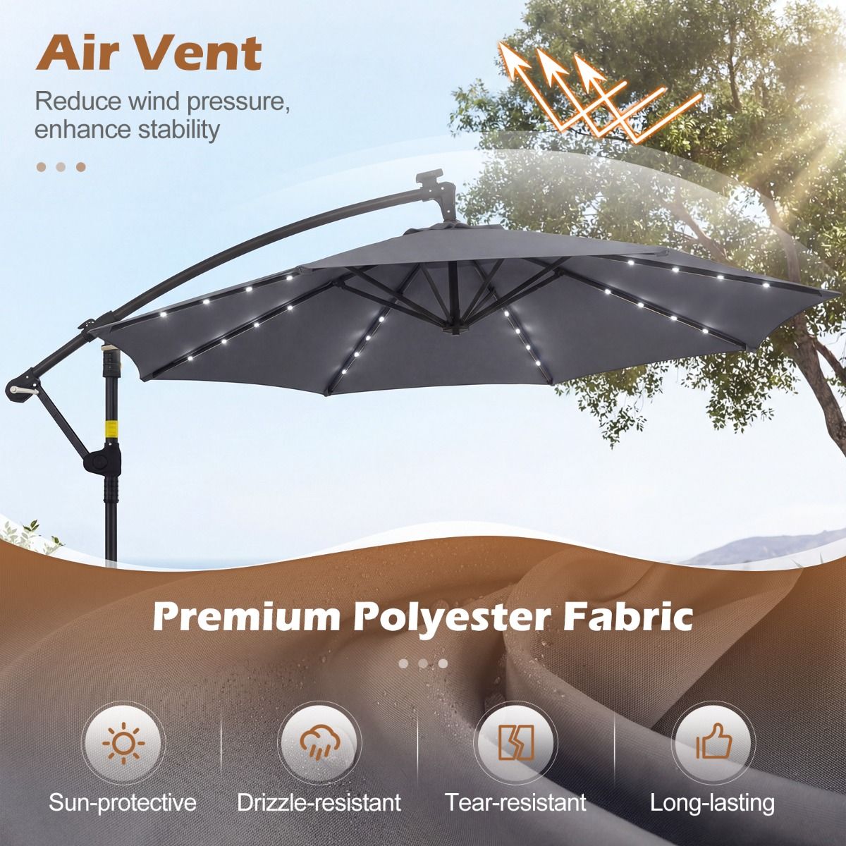 Coast tuinparasol op zonne-energie - LED-verlichting - 360° draaibaar - grijs