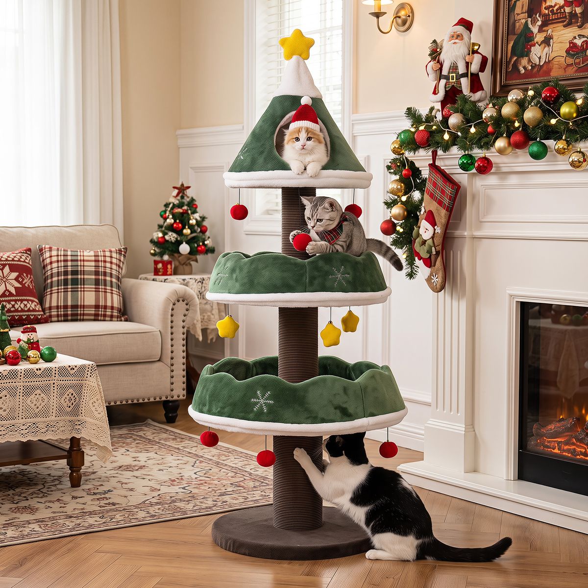 Coast Krabpaal Kattenboom - kerstboomdesign - met bovenste grot en hangende ballen - groen 143 cm