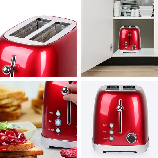 KitchenBrothers Retro Broodrooster - Toaster - 6 Warmteniveaus - 2 Extra Brede Sleuven - 815W - Rood