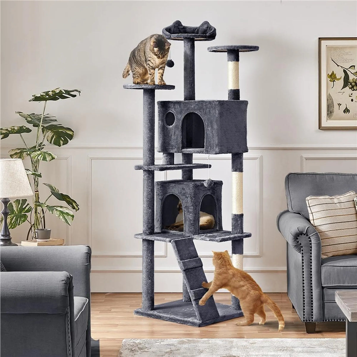 Yaheetech Krabpaal XXL Met Twee Kattenmanden – Voorzien Van Klimhelling En Ligkussen In Kattenoorvorm En Hangende Speelballen – Voor Huishoudens Met Meerdere Katten – Donkergrijs Pluche En Sisal – 59,5 x 55 x 202,5 cm