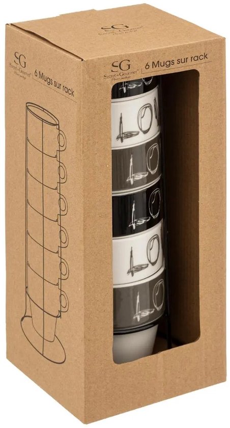 Secret de Gourmet Koffie mokken/bekers Love - 6x stuks in metalen rekje - Keramiek - glans afwerking - 260 ml - 8 x 9 cm