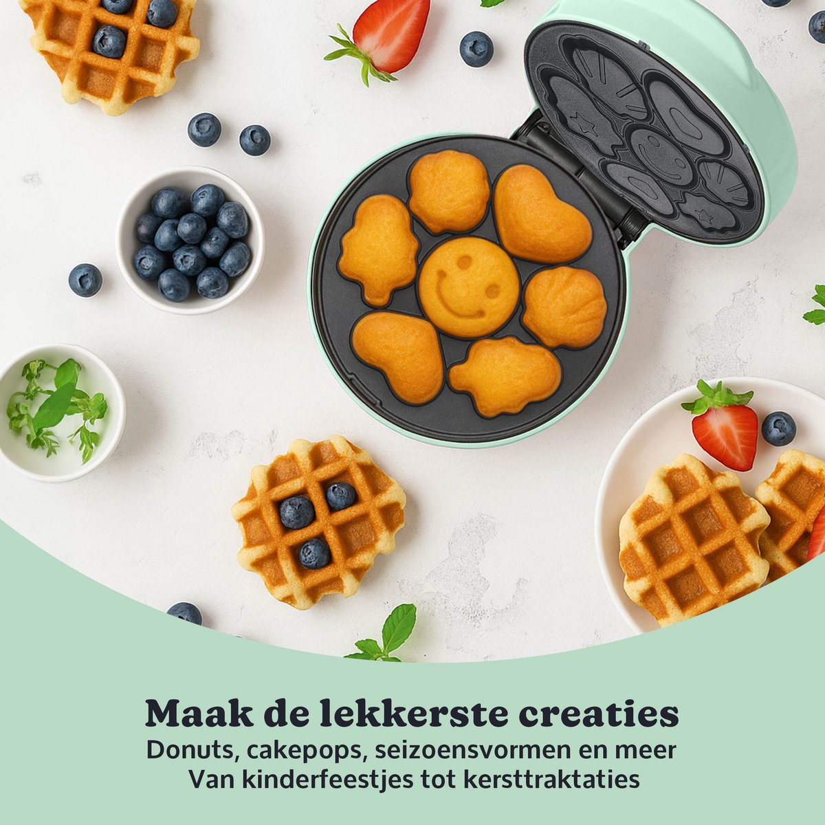 JAP Appliances DoughJoy Wafelijzer 22,2 x 16,8 x 10,5 cm – 600 W – Rond 16 x 16 cm – Verwisselbare Platen – Groen