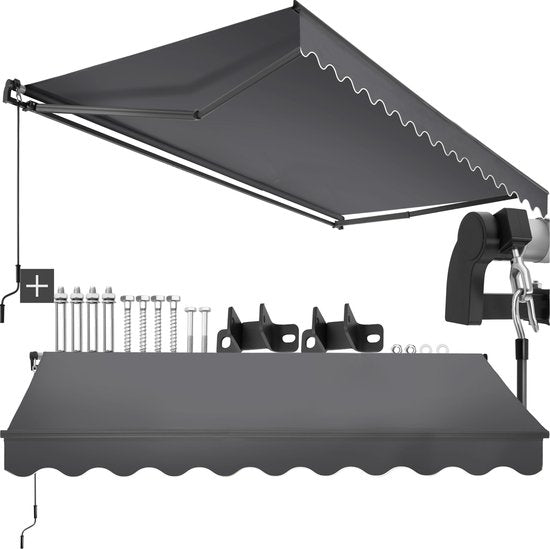 tectake® Zonnescherm met Knikarm - 300 x 250 cm - Zonneluifel - Zonwering voor Raam, Balkon, Buiten - Te Monteren aan Muur - Water- en UV-Bestendig - Donkergrijs