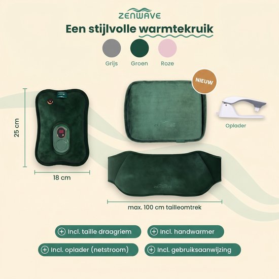 Zenwave Elektrische Kruik met Hoes - Digitaal Display - Warmtekruik & Waterkruik met Handwarmers - Oplaadbare Warmtekussen - Menstruatie Warmteband - Duurzaam & Draadloos - Kamperen & Outdoor - Warmwaterkruik Groen