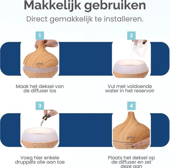 Gologi Slimme Aroma Diffuser - 550ML - Luchtbevochtiger - Geurverspreider - LED verlichting - Incl. 2 Etherische Oliën - Lichtbruin