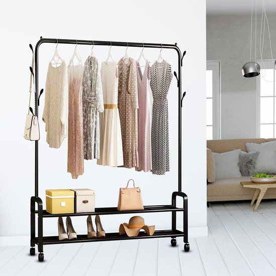 Vonia Kledingrek 157 x 34 x 105 cm - Kledingrek op wieltjes - Kledingrek met Schoenenrek - Kledingrek Metaal - Garderoberek - Zwart