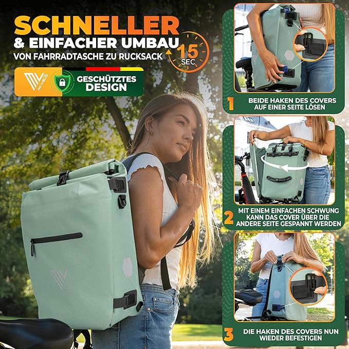 MIVELO 3-in-1 Fietstas – Rugzak & Schoudertas – Waterdicht – Inclusief Laptopvak – 20L – Mint