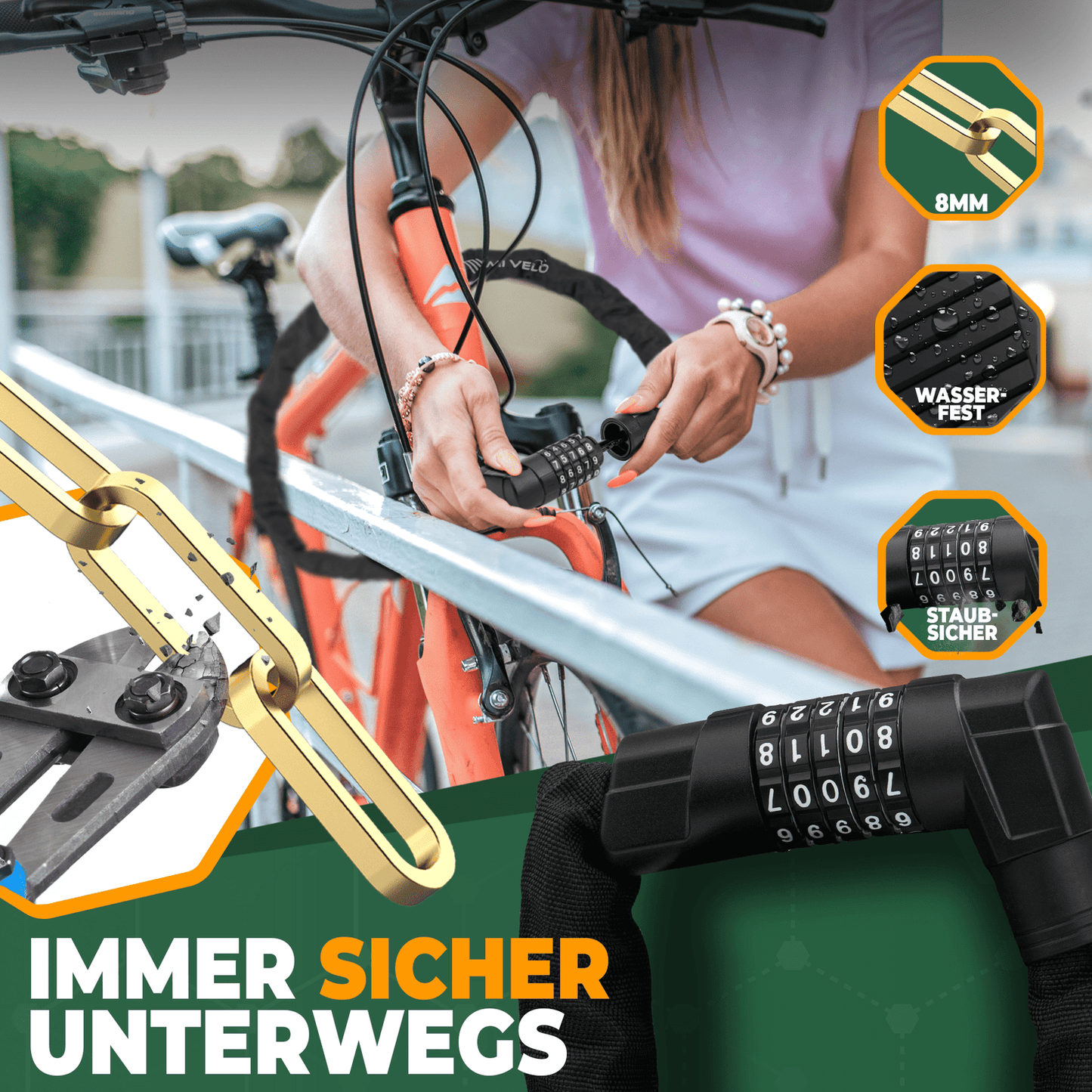 MIVELO Fietsketting met Cijferslot – 85 cm – Robuust Gehard Staal – Beschermend Nylon – Zwart
