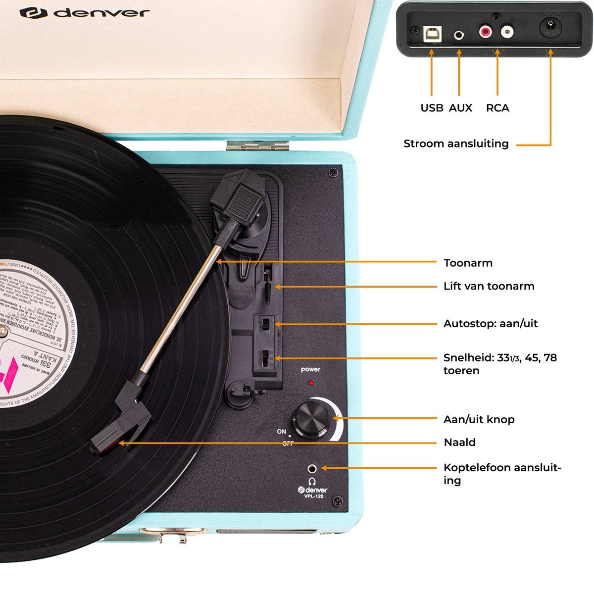 Denver Platenspeler - Ingebouwde Speakers - Incl. PC Software - Auto-stop - Retro - VPL120 - Blauw