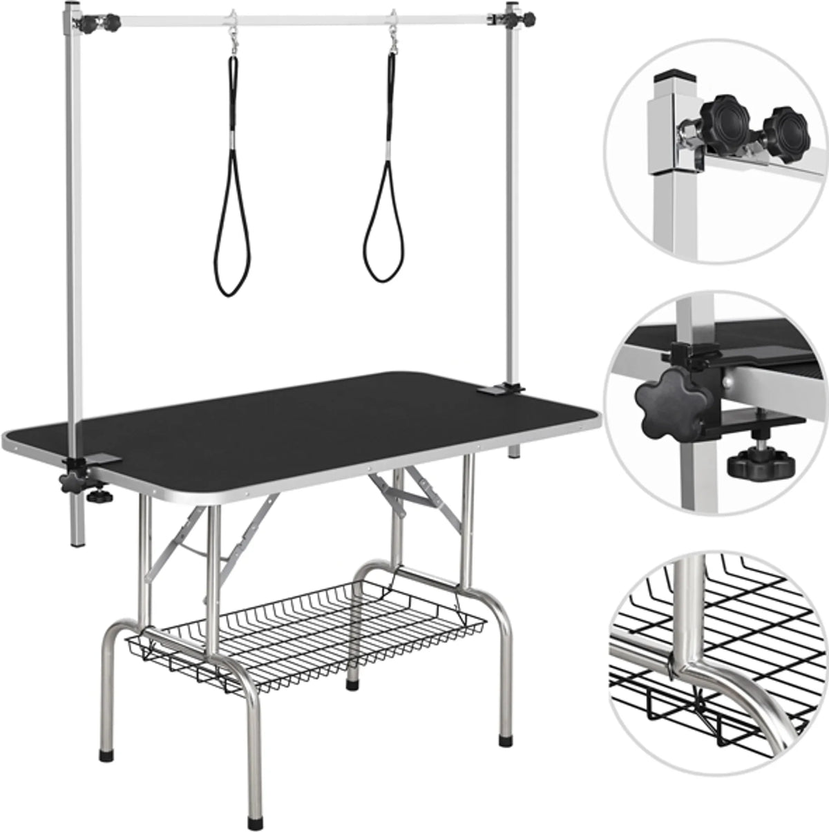 Yaheetech Trimtafel Met Dubbele Trimarmen – Voorzien Van Antislip Tafelblad En Opvouwbaar Frame En Gaasoppervlak Mandje – Voor Grote Honden En Katten – Zwart Metaal Kunstleer En Mdf – 118 x 60,9 x 177 cm