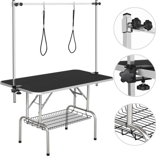 Yaheetech Trimtafel Met Dubbele Trimarmen – Voorzien Van Antislip Tafelblad En Opvouwbaar Frame En Gaasoppervlak Mandje – Voor Grote Honden En Katten – Zwart Metaal Kunstleer En Mdf – 118 x 60,9 x 177 cm