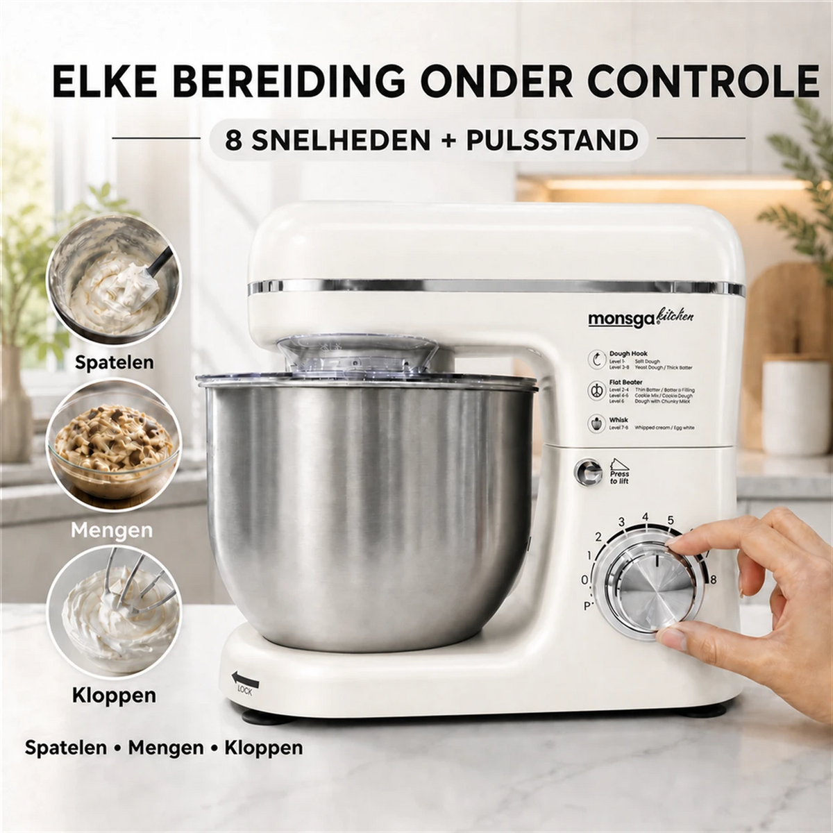 MONSGA SM100 keukenmachine - 1000 W - 5 L mengkom - crèmewit