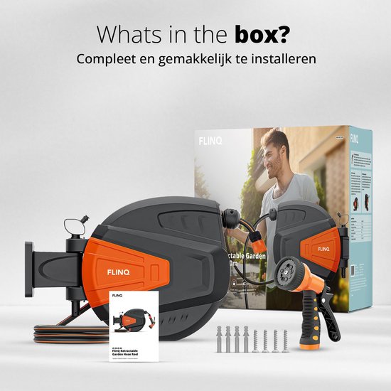 FlinQ Tuinslanghaspel 30 meter - Slanghaspel Automatisch - 180° draaibare Muurhaspel - Wandslangenbox met Tuinslang, Haspel en Sproeikop - 9 Sproeistanden