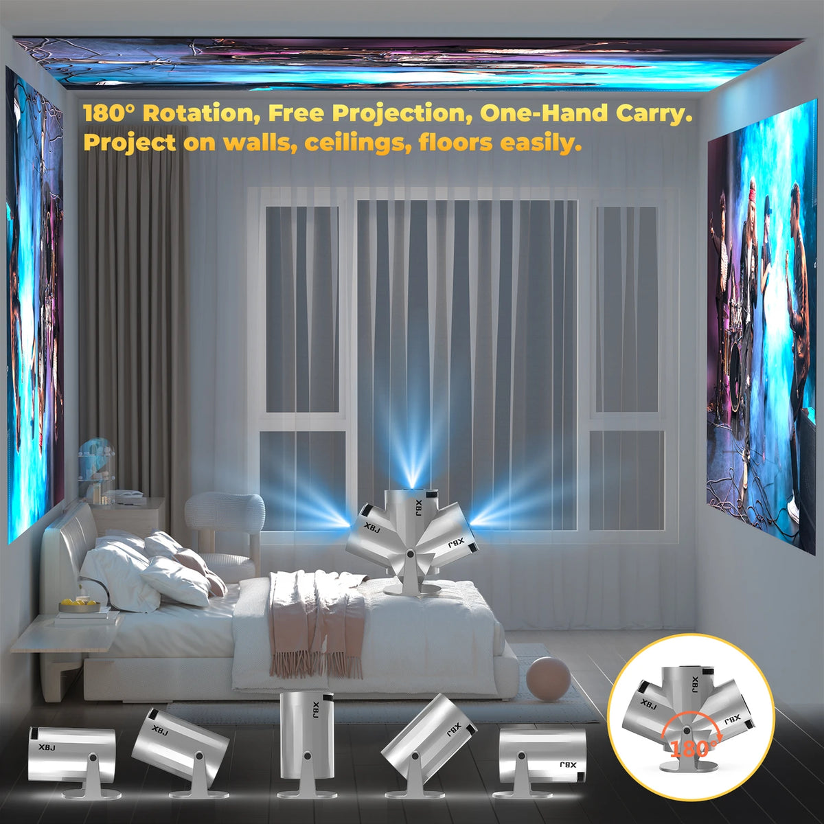 XBJ Draagbare Mini Beamer Zilver 14 x 12 x 21,8 cm - WiFi 6 & Bluetooth 5.2 - Android 11 - 1080P & 4K-decodering - 180° Draaibaar - 200 ANSI Lumen