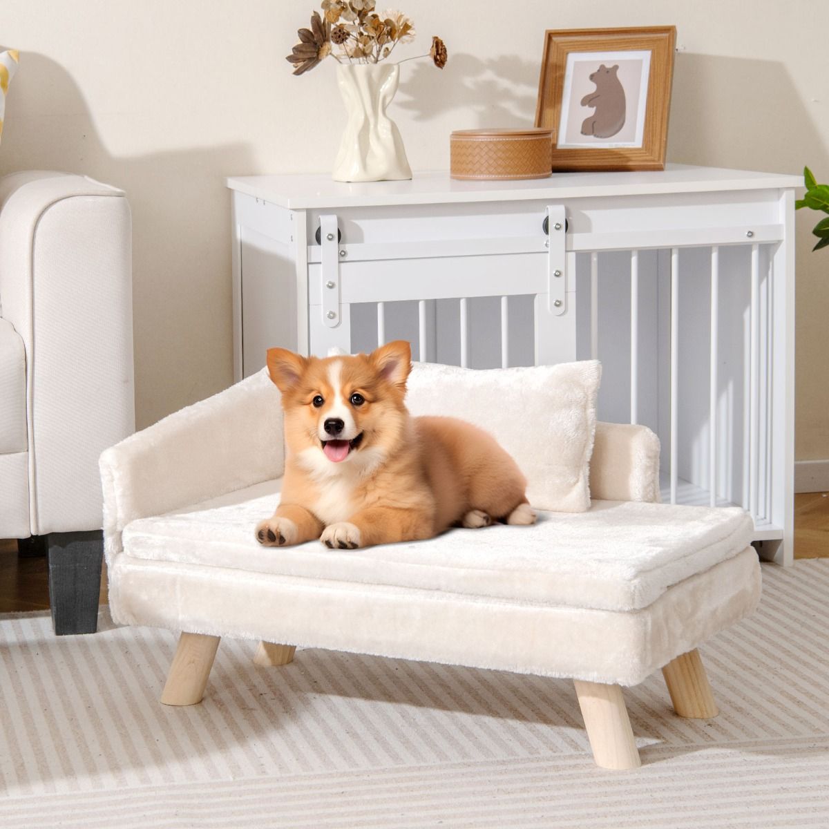 Coast Verhoogd Huisdierenbed - halfronde rugleuning - afneembaar kussen - beige - 71 x 43 x 40 cm