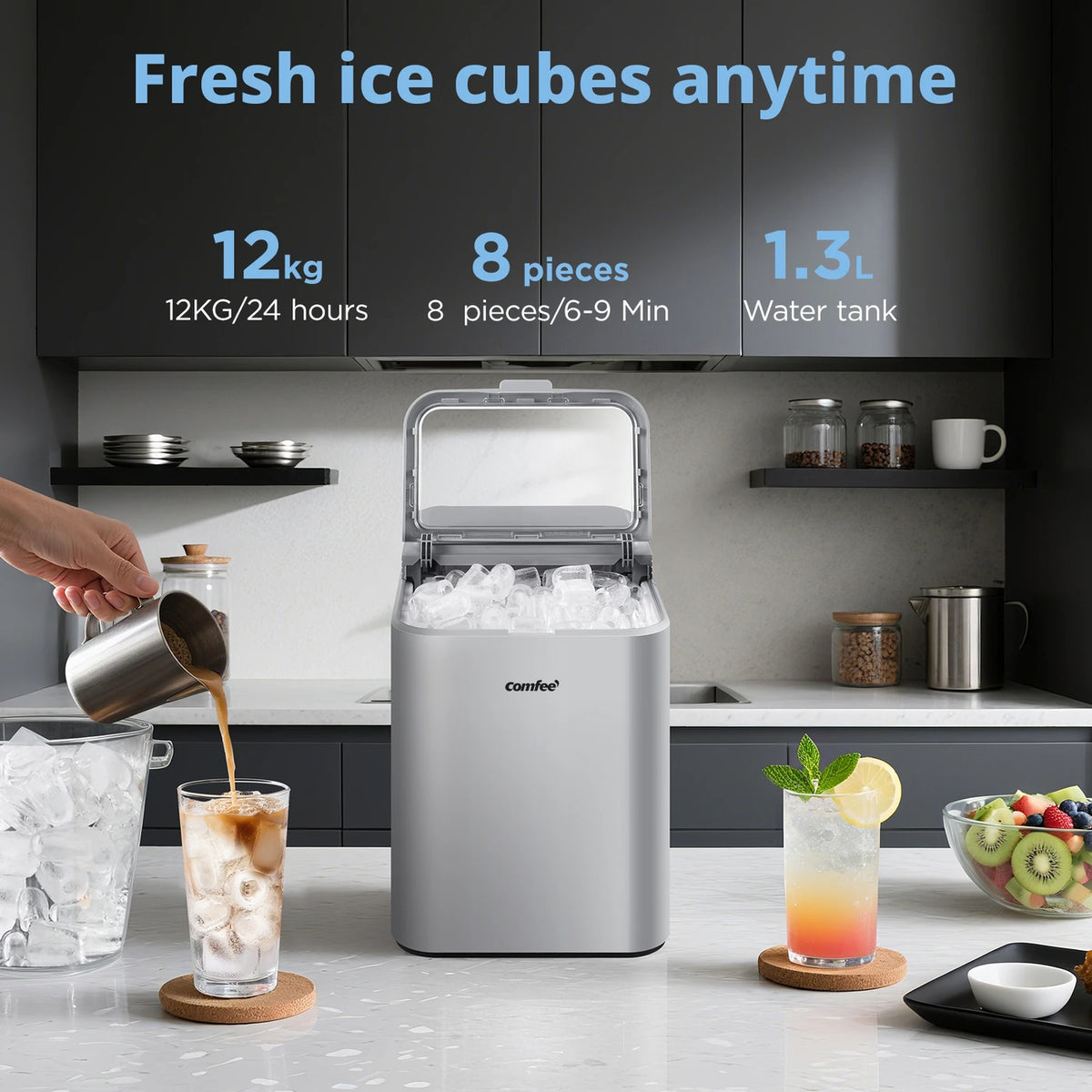 Comfee' IJsblokjesmachine Grijs - 12kg/24u - IJs in 6 Minuten - Zelfreinigend