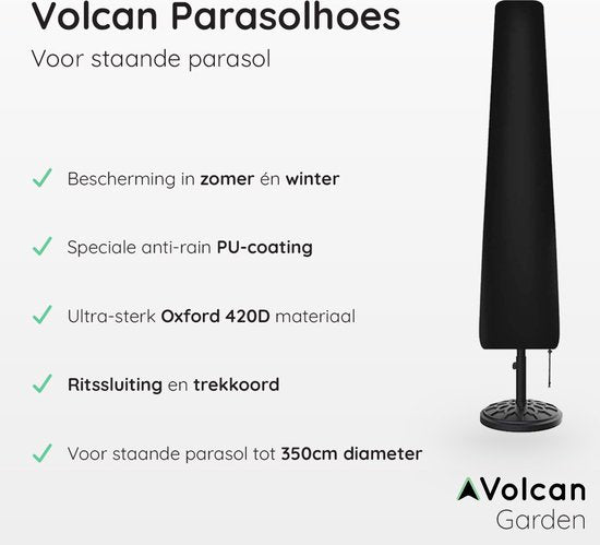 Volcan Parasolhoes voor Staande Parasol - Waterdicht - Oxford 420D - Met Rits, Trekkoord, Stok en Opberghoes - Zwart