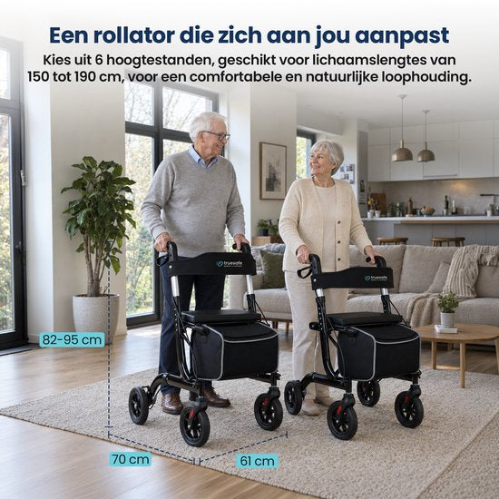 TrueSafe Rollator lichtgewicht en opvouwbaar (6,9 kg) - Voor binnen en buiten - Incl. ergonomisch zitkussen, verlichting, rugleuning, wandelstokhouder en meer - Zwart