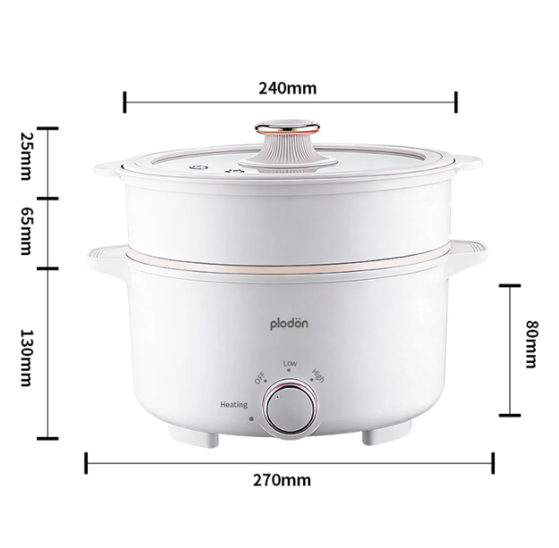 Plodon Elektrische Hotpot 2,4L - Antiaanbaklaag - 27 x 22 cm - Met Stoommandje